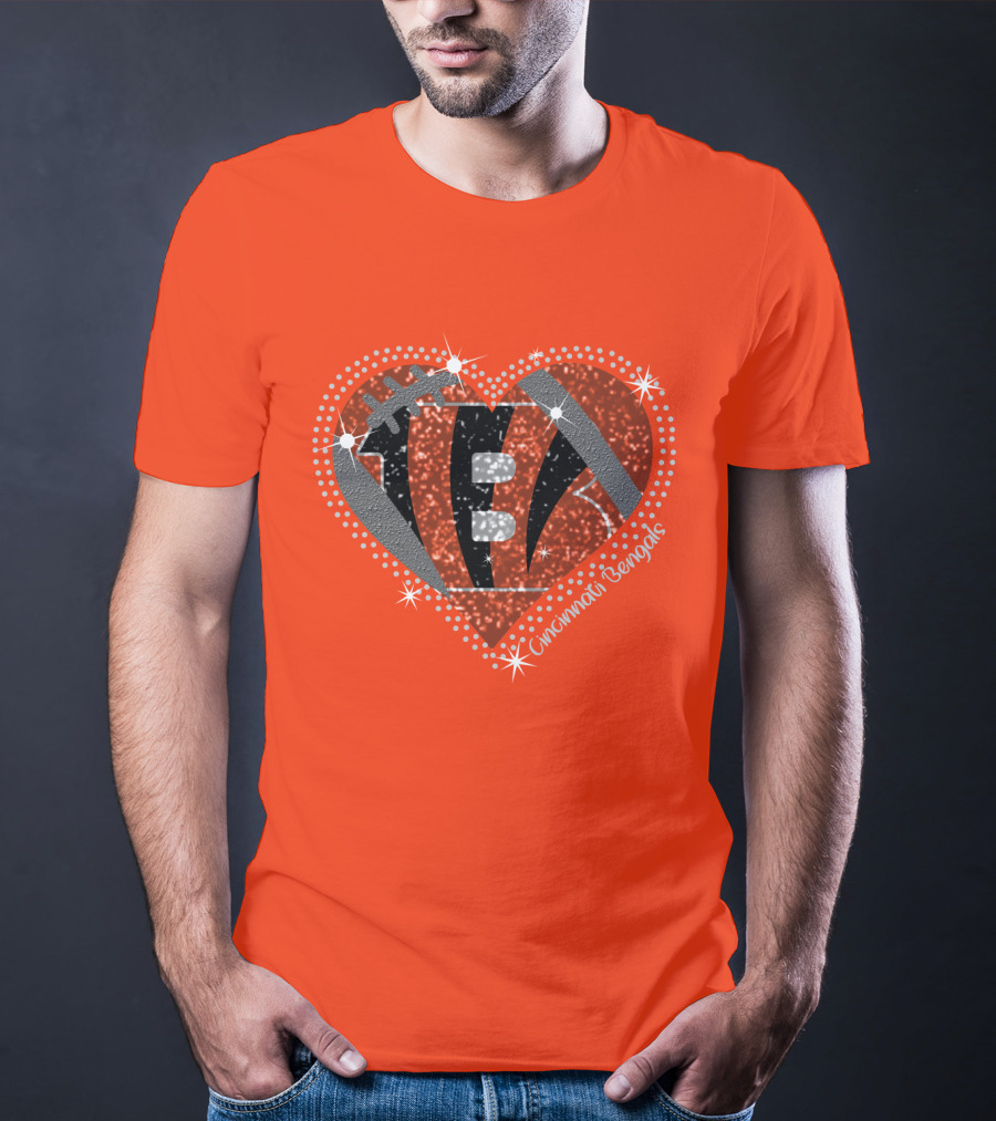 Cincinnati Bengals Heart Sparkle Football T-Shirt