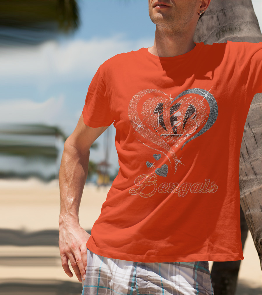 Bengals Heart Sparkle B Stripes Glitter T-Shirt