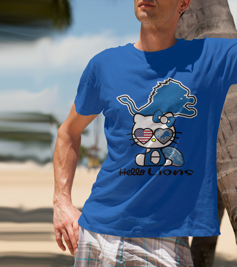 Hello Lions Detroit Lions Football Kitty Patchwork T-Shirt