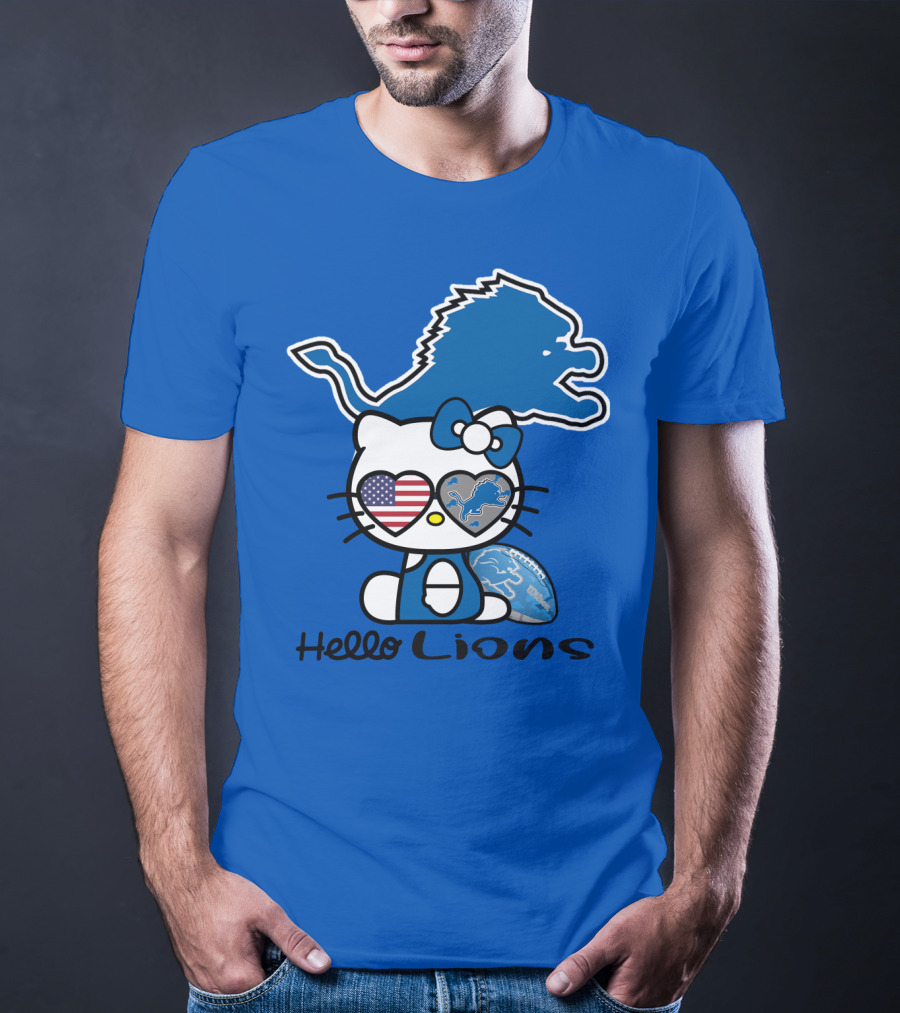 Hello Lions Detroit Lions Football Kitty Patchwork T-Shirt