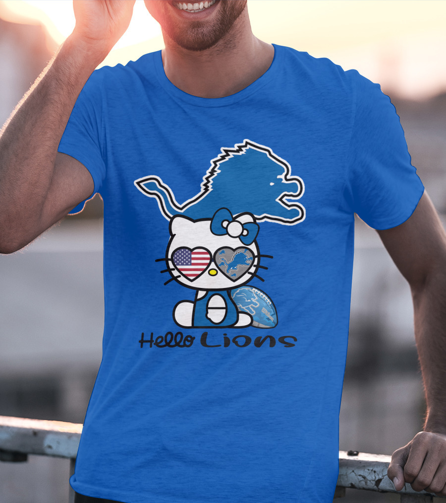 Hello Lions Detroit Lions Football Kitty Patchwork T-Shirt