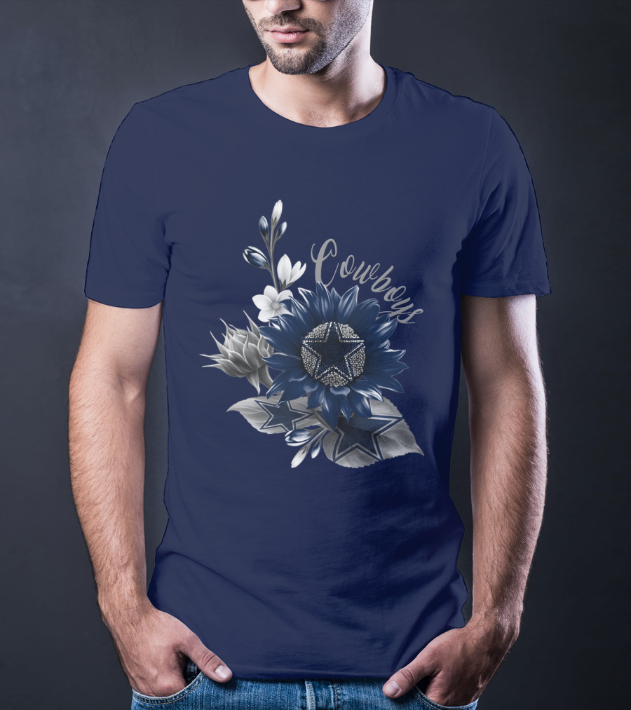 Cowboys Star Floral Design With Navy And Silver Accents T-Shirt