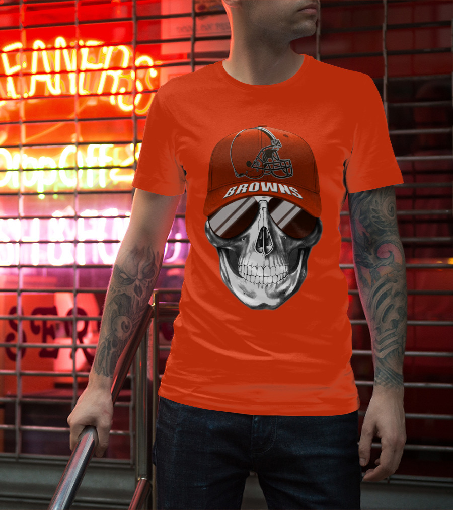 Cleveland Browns Skull Hat With Football Helmet Icon On Bright Orange T-Shirt