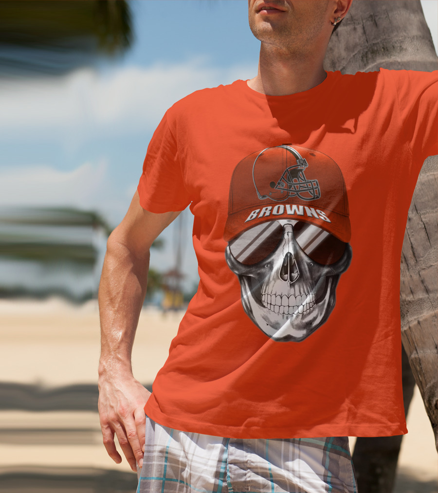 Cleveland Browns Skull Hat With Football Helmet Icon On Bright Orange T-Shirt