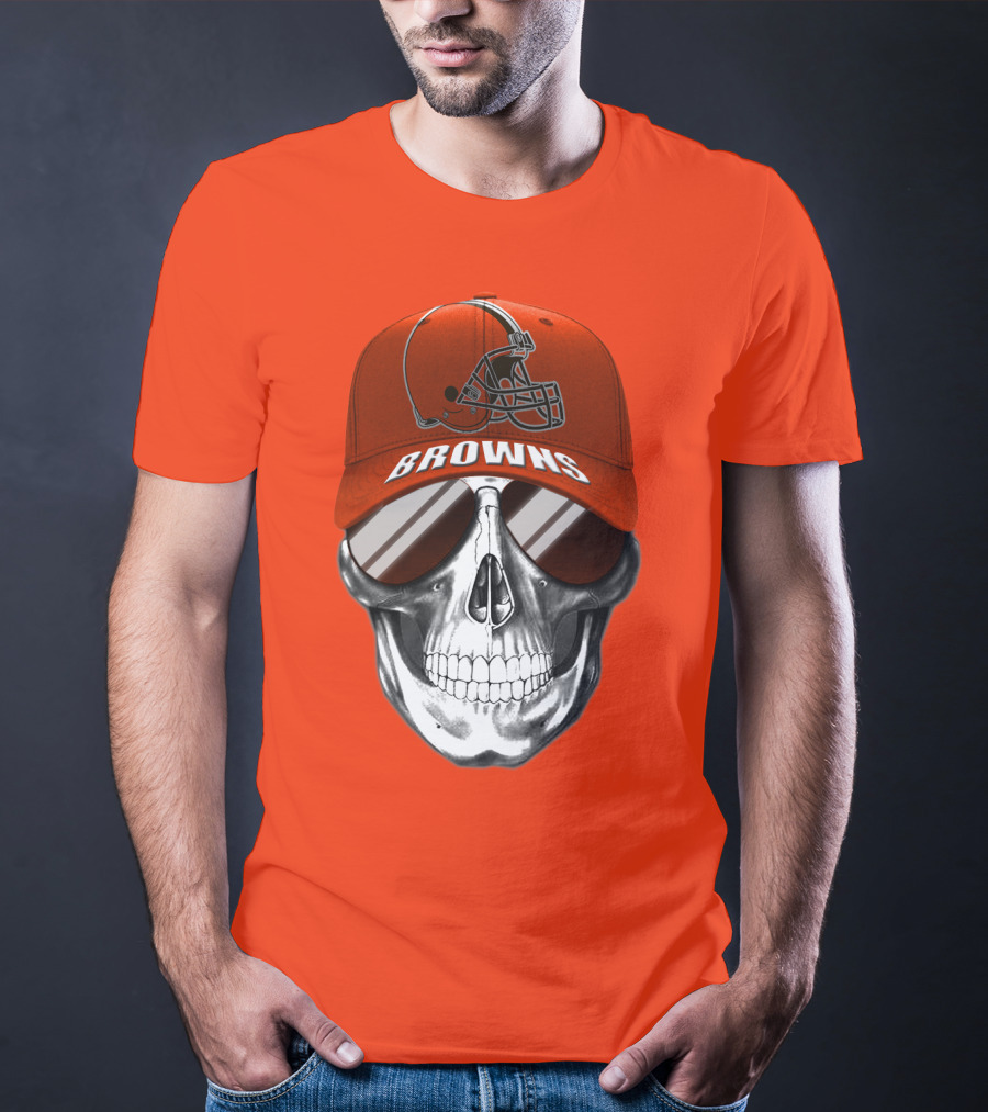 Cleveland Browns Skull Hat With Football Helmet Icon On Bright Orange T-Shirt