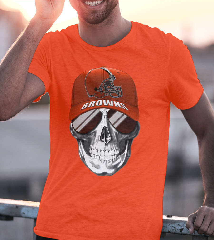 Cleveland Browns Skull Hat With Football Helmet Icon On Bright Orange T-Shirt