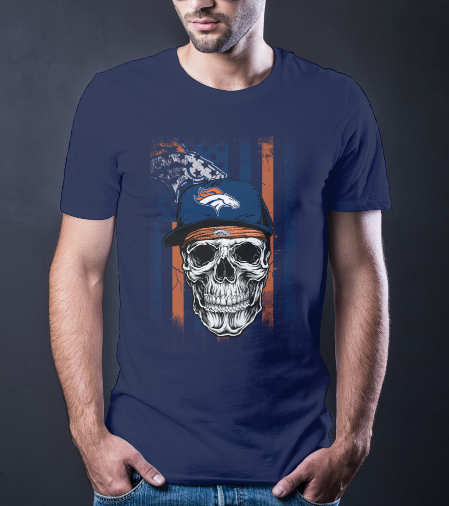 Denver Broncos Skull With Cap And Logo На Тёмно-Синем Фоне T-Shirt