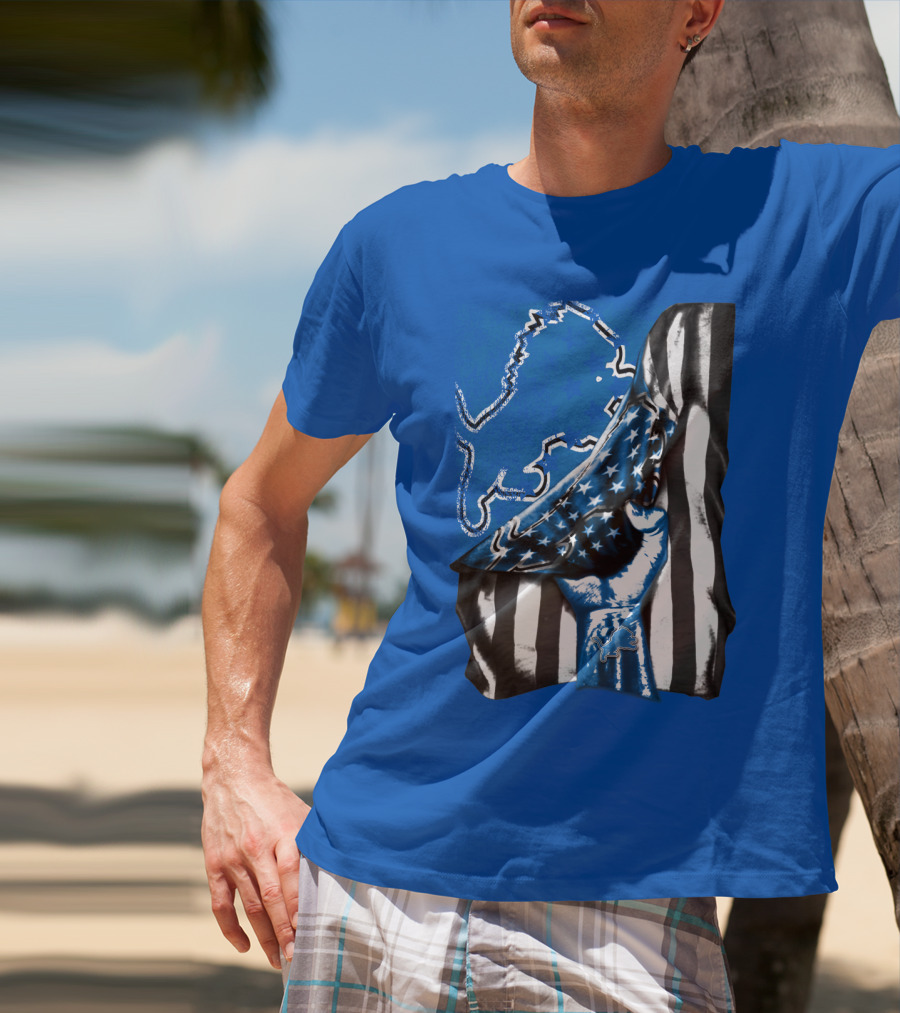 Detroit Lions Blue Lion Silhouette With American Flag Fist On Blue T-Shirt