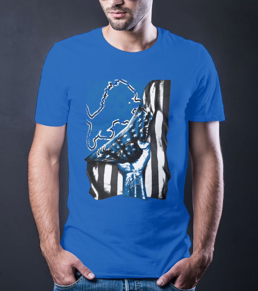 Detroit Lions Blue Lion Silhouette With American Flag Fist On Blue T-Shirt