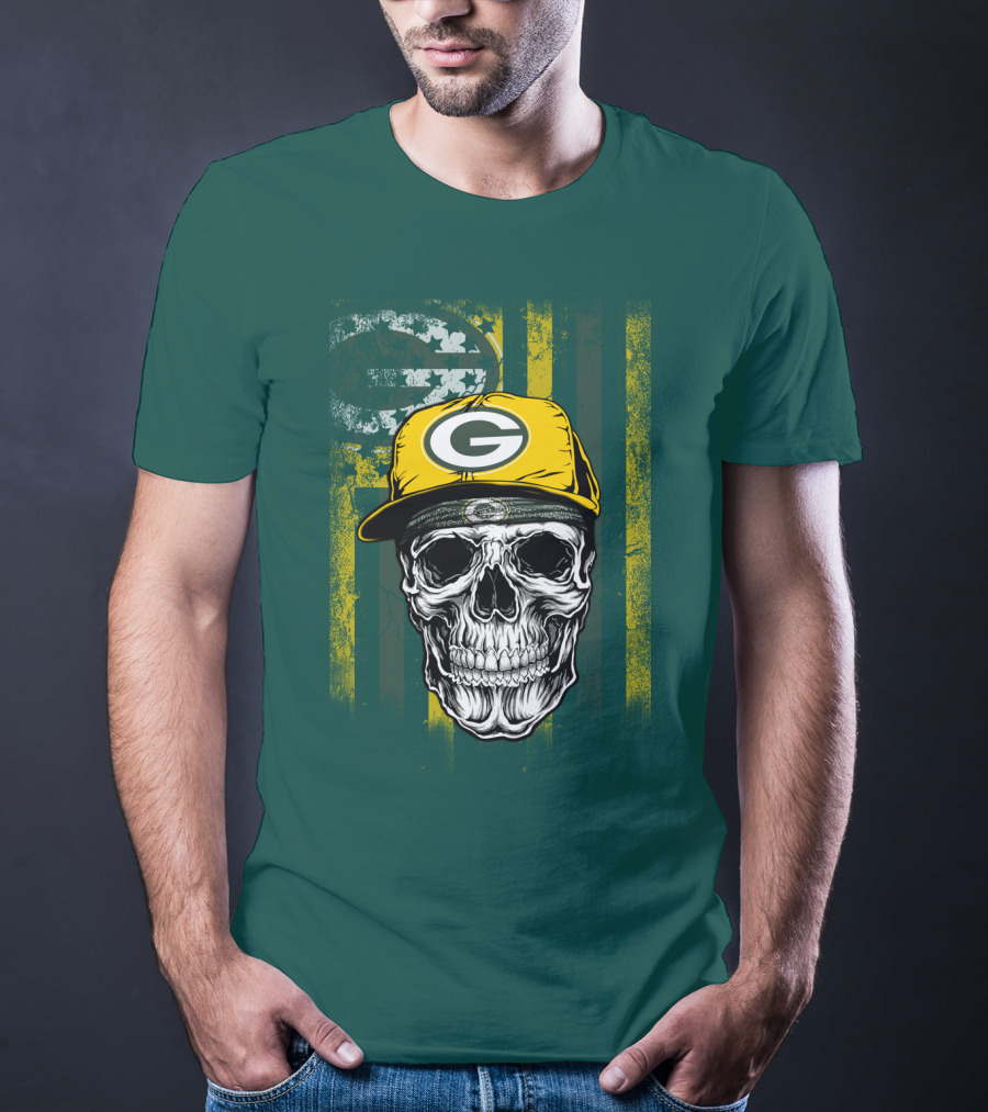 Green Bay Packers Skull With Cap And Distressed Flag T-Shirt