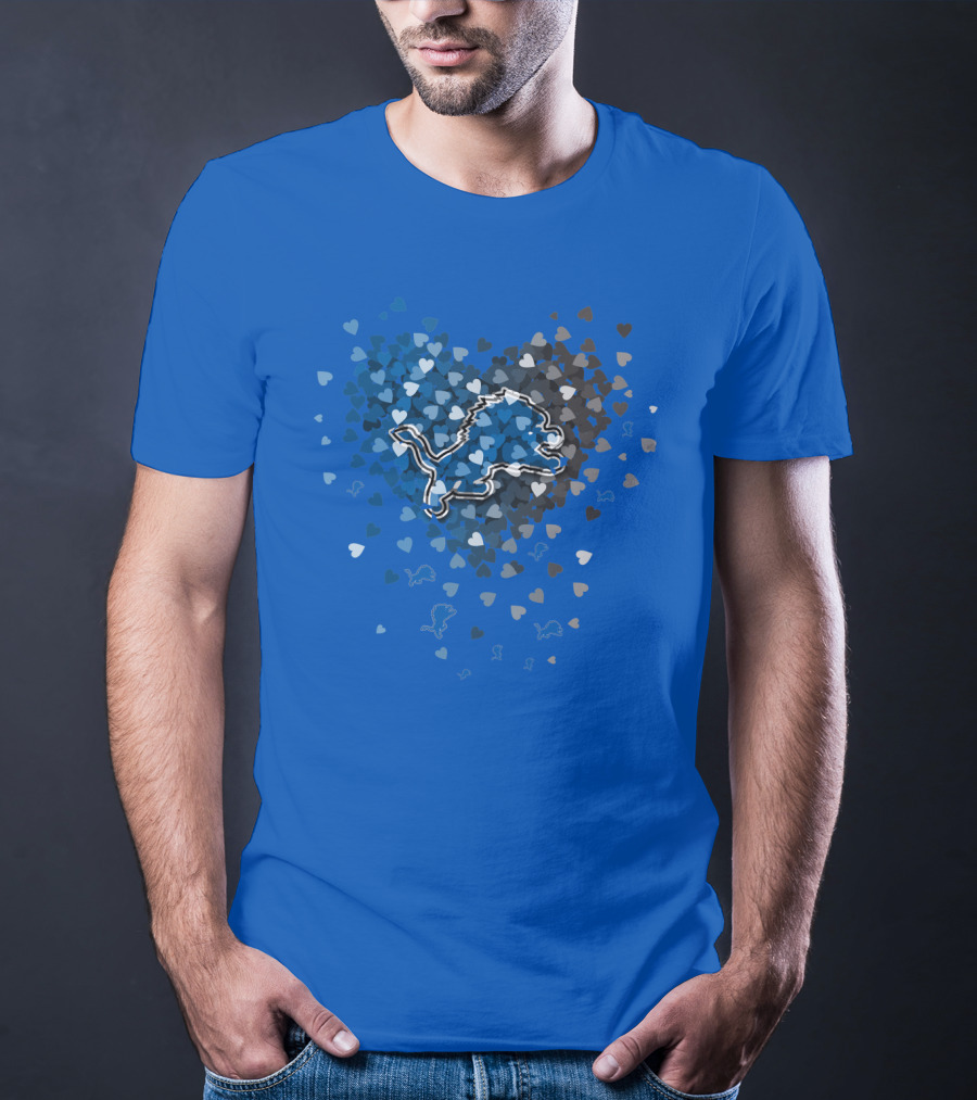 Detroit Lions Heart Shape Blue And White Logo With Hearts T-Shirt