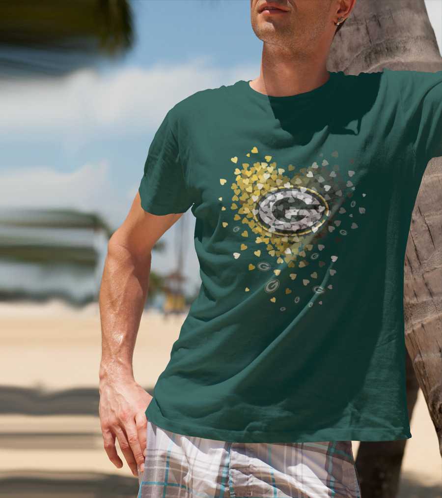 Green Bay Packers Heart Logo With Golden Hearts And Green T-Shirt