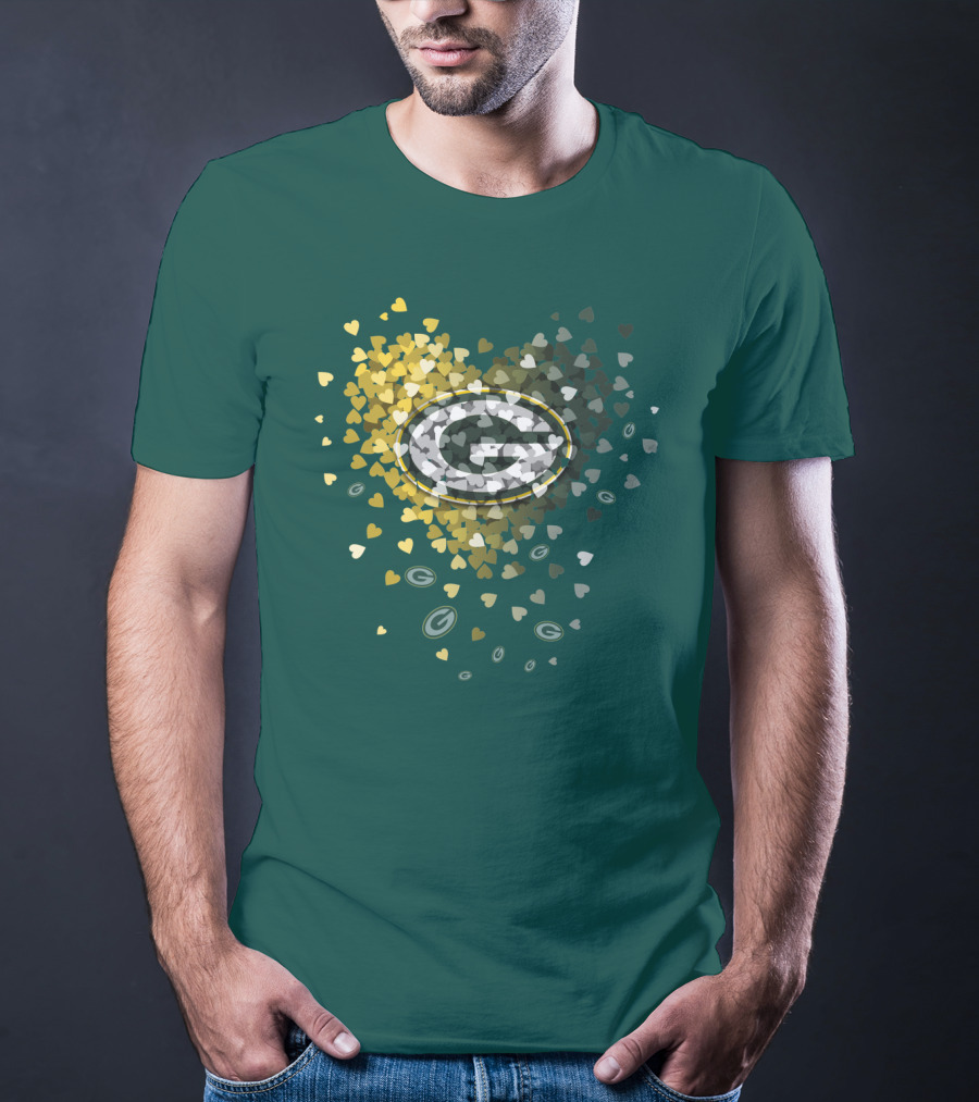 Green Bay Packers Heart Logo With Golden Hearts And Green T-Shirt