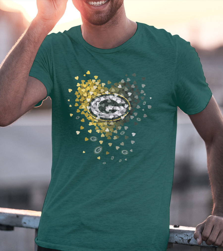 Green Bay Packers Heart Logo With Golden Hearts And Green T-Shirt