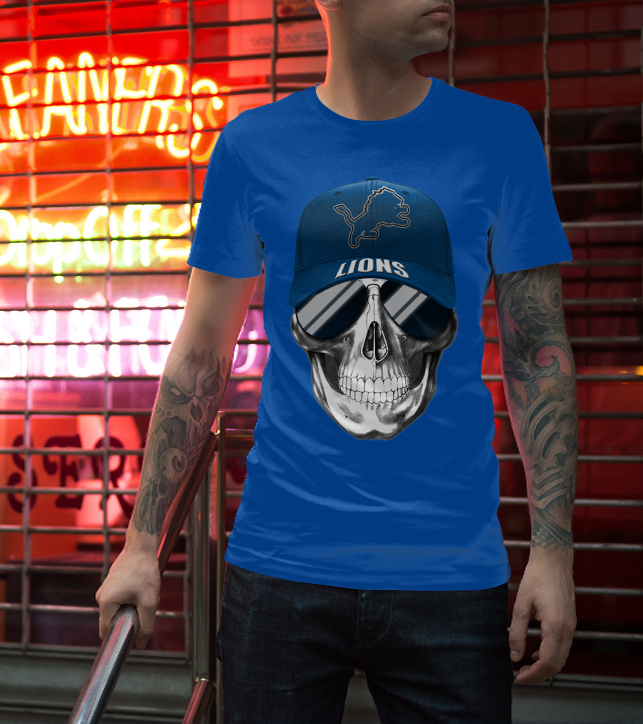 Detroit Lions Skull With Blue Cap And Sunglasses T-Shirt