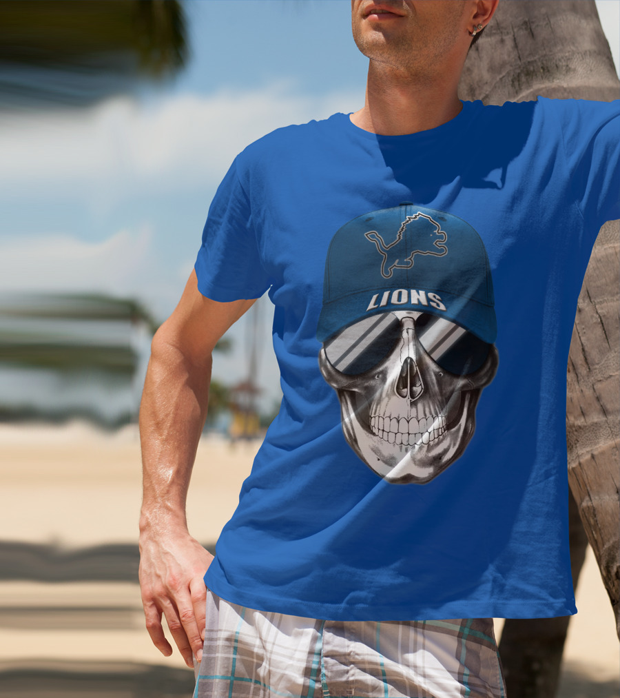 Detroit Lions Skull With Blue Cap And Sunglasses T-Shirt