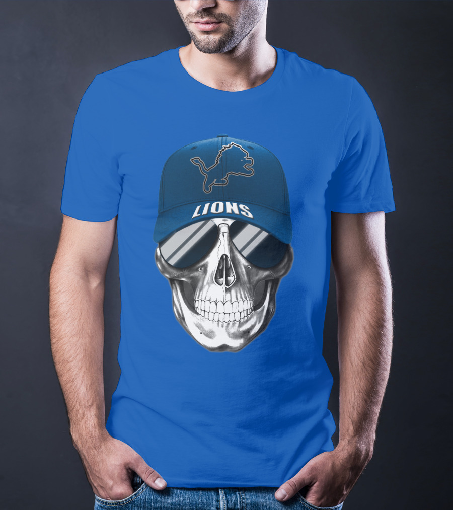 Detroit Lions Skull With Blue Cap And Sunglasses T-Shirt