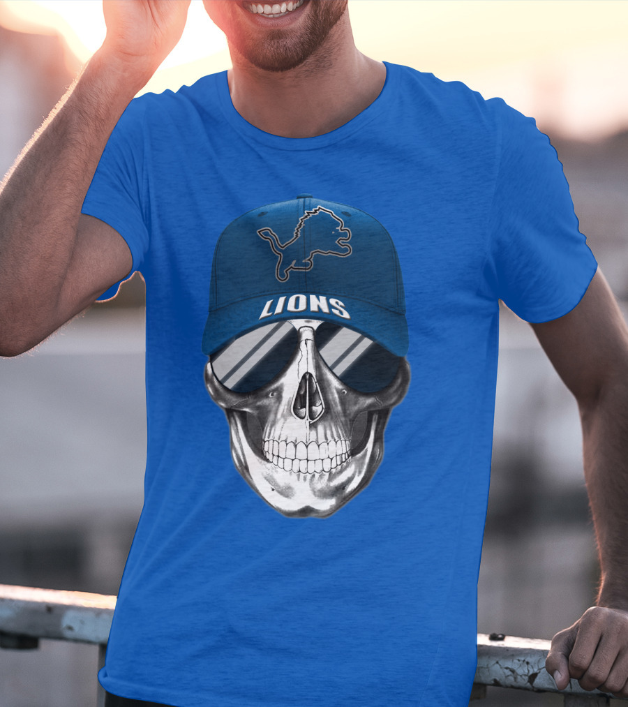 Detroit Lions Skull With Blue Cap And Sunglasses T-Shirt