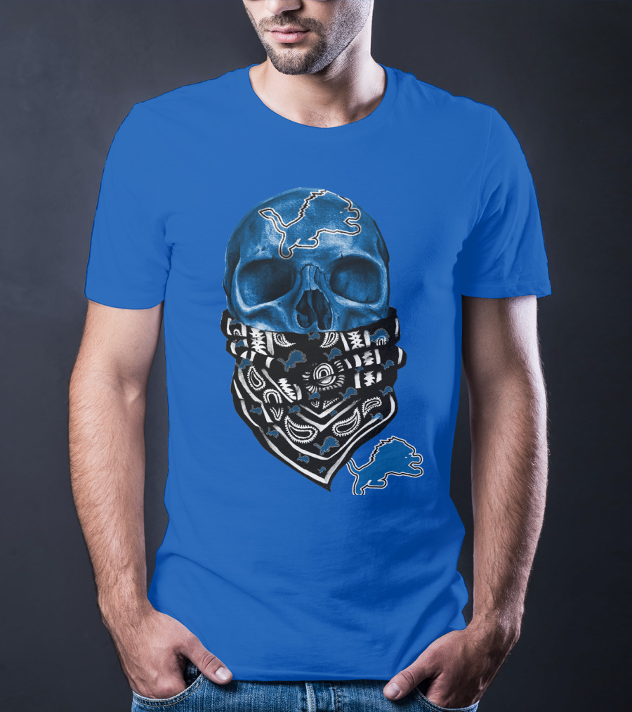 Detroit Lions Blue Skull Bandana Icon With Nfl Team T-Shirt