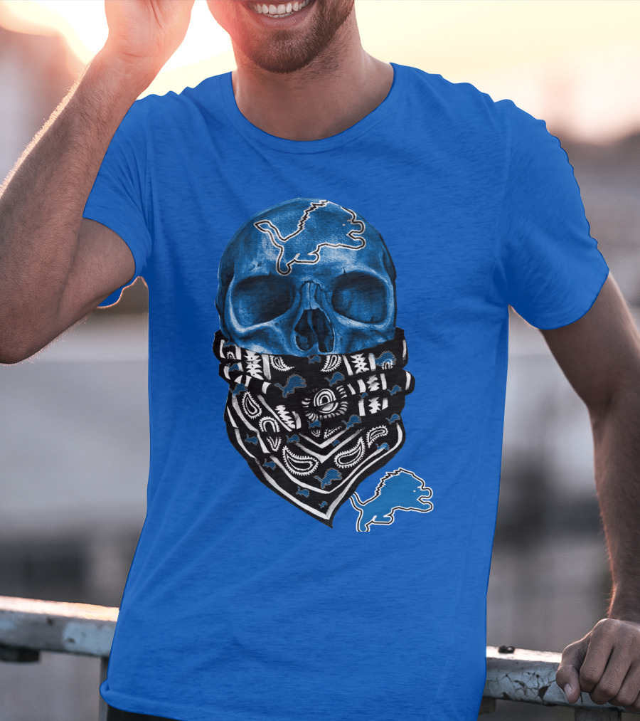 Detroit Lions Blue Skull Bandana Icon With Nfl Team T-Shirt