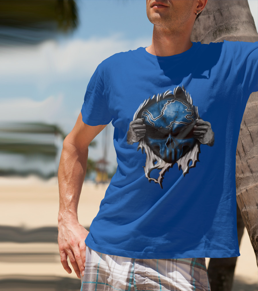Detroit Lions Skull Design Blue Ripped Background T-Shirt