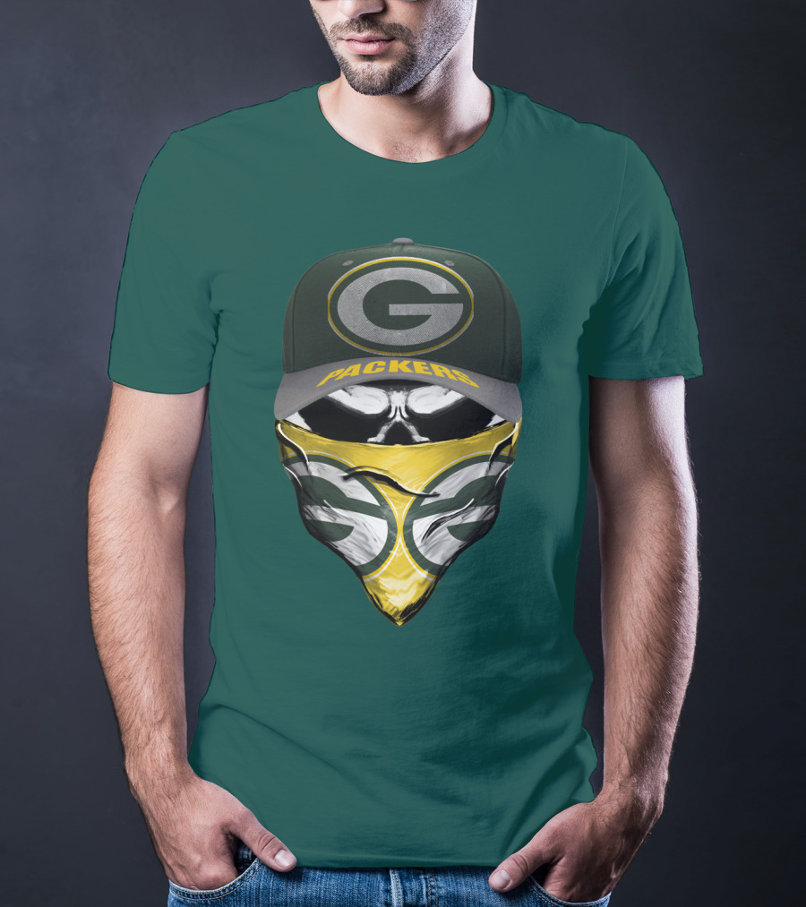 Green Bay Packers G Cap And Bandana Face Skull T-Shirt