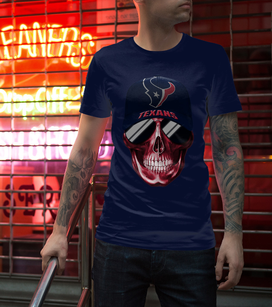 Houston Texans Skull With Cap And Sunglasses T-Shirt