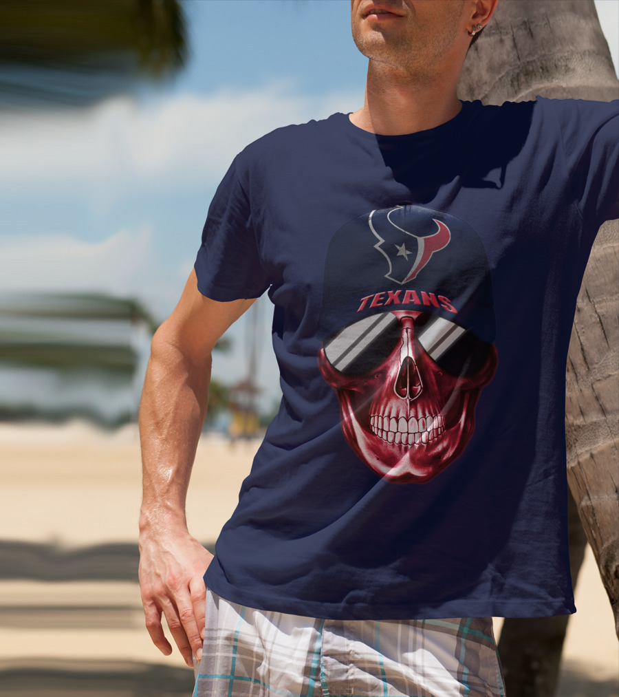 Houston Texans Skull With Cap And Sunglasses T-Shirt