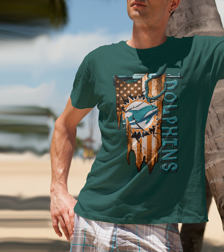 Miami Dolphins Flag And Logo Style With Stars And Stripes T-Shirt