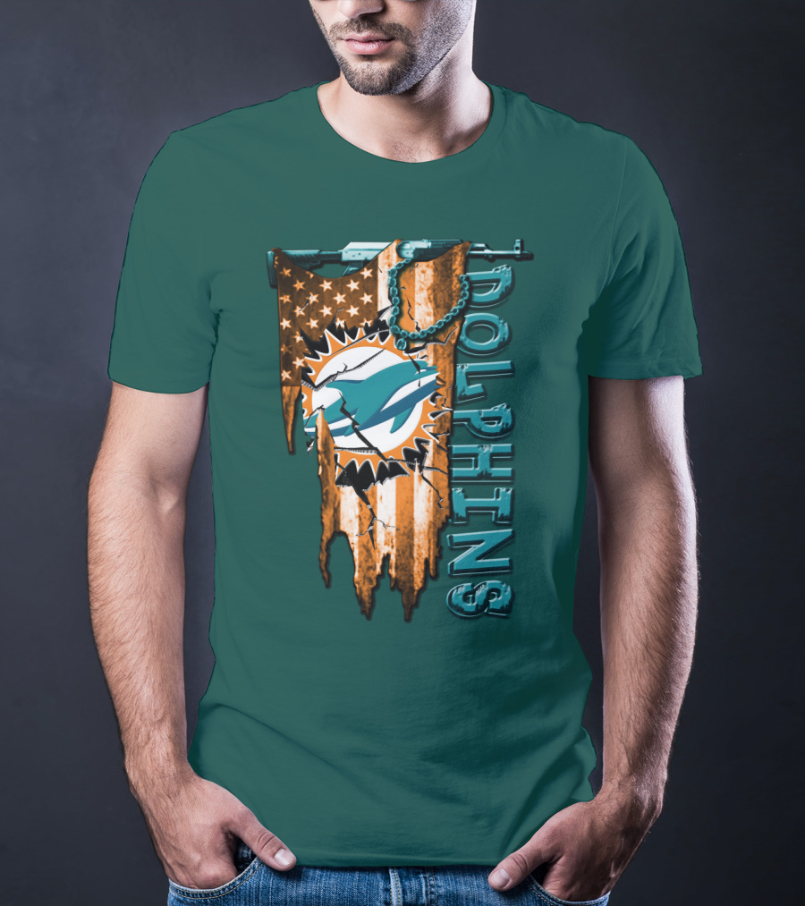 Miami Dolphins Flag And Logo Style With Stars And Stripes T-Shirt