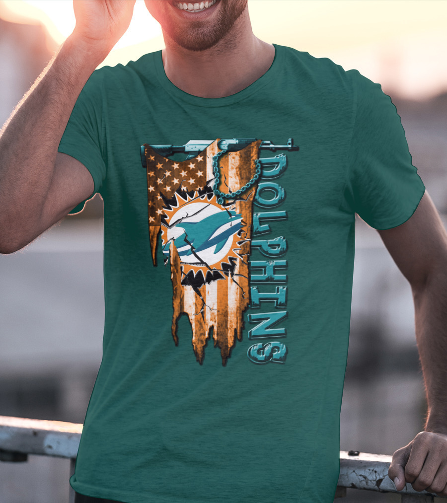 Miami Dolphins Flag And Logo Style With Stars And Stripes T-Shirt