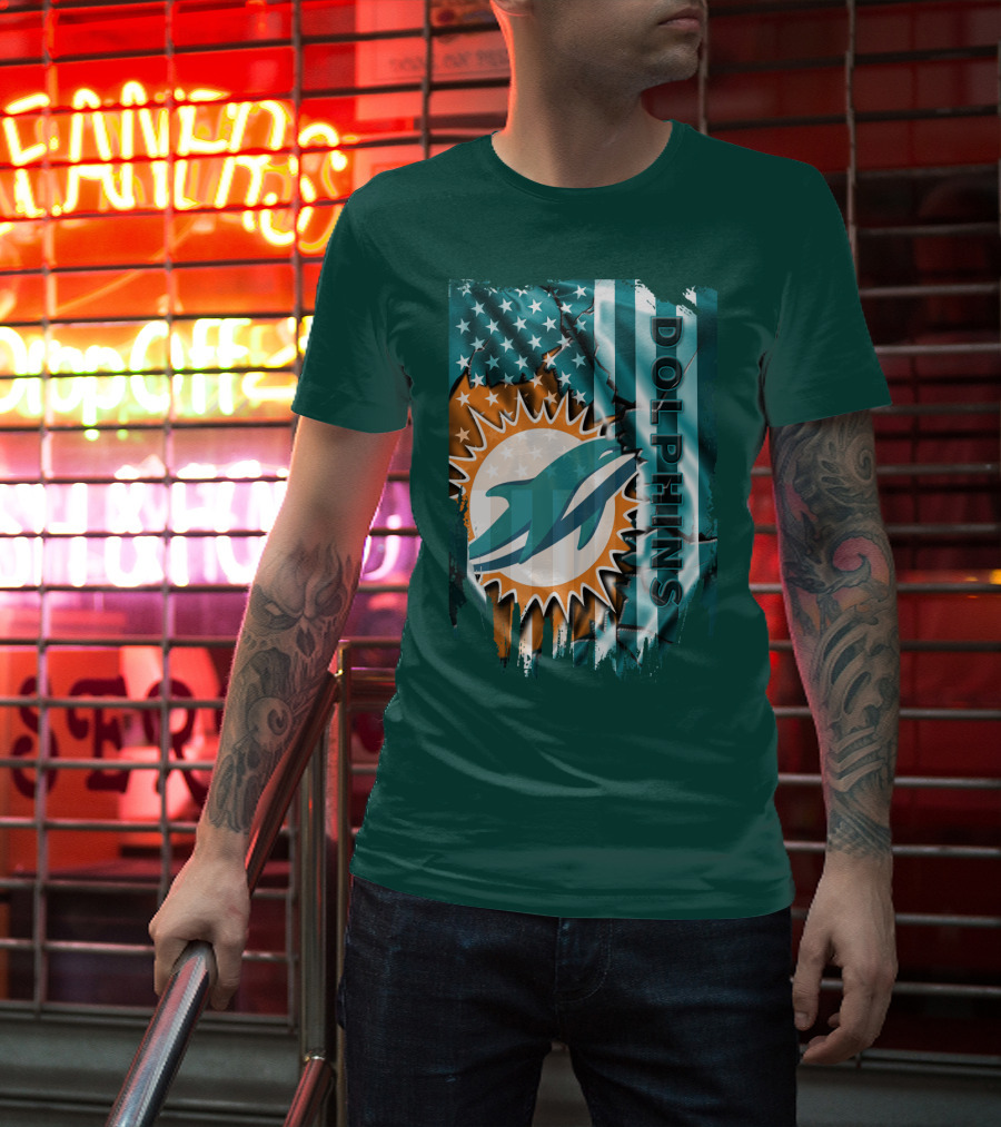 Miami Dolphins American Flag Sunburst Ocean Wave T-Shirt