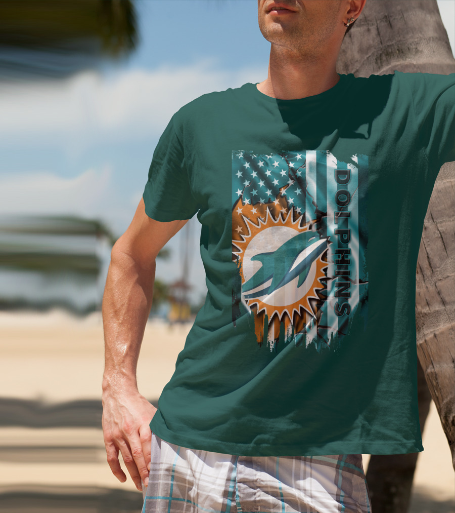 Miami Dolphins American Flag Sunburst Ocean Wave T-Shirt