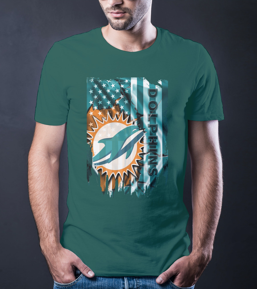 Miami Dolphins American Flag Sunburst Ocean Wave T-Shirt