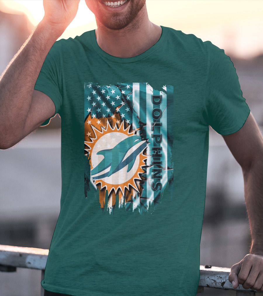 Miami Dolphins American Flag Sunburst Ocean Wave T-Shirt