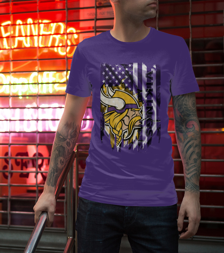 Minnesota Vikings American Flag Stars Stripes Purple Gold Viking Head T-Shirt