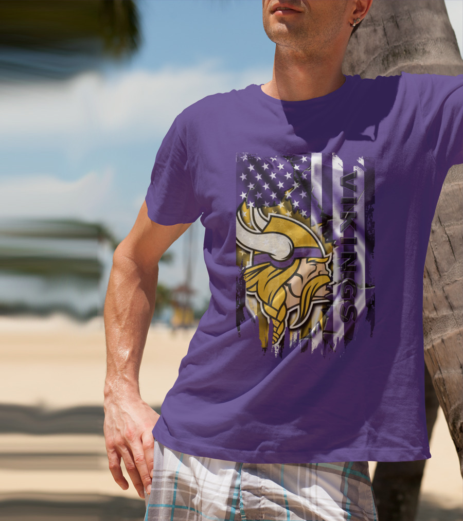 Minnesota Vikings American Flag Stars Stripes Purple Gold Viking Head T-Shirt