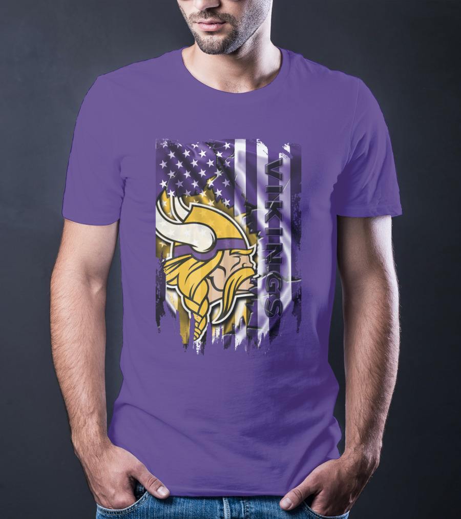 Minnesota Vikings American Flag Stars Stripes Purple Gold Viking Head T-Shirt