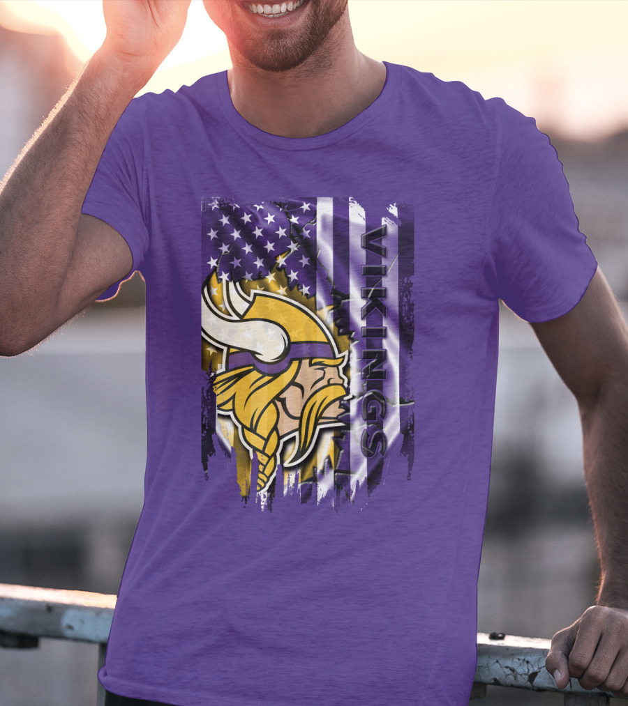Minnesota Vikings American Flag Stars Stripes Purple Gold Viking Head T-Shirt