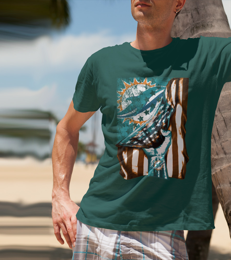 Miami Dolphins American Flag Hand Holding T-Shirt