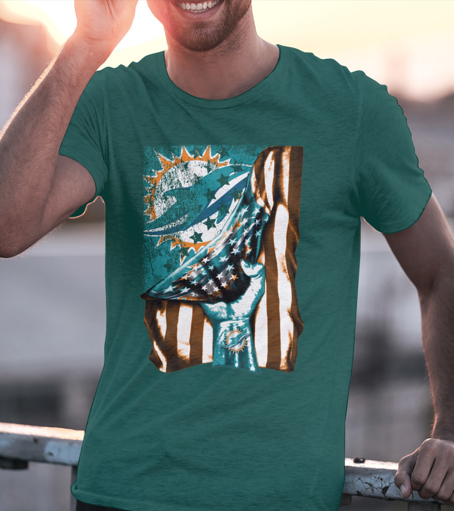 Miami Dolphins American Flag Hand Holding T-Shirt
