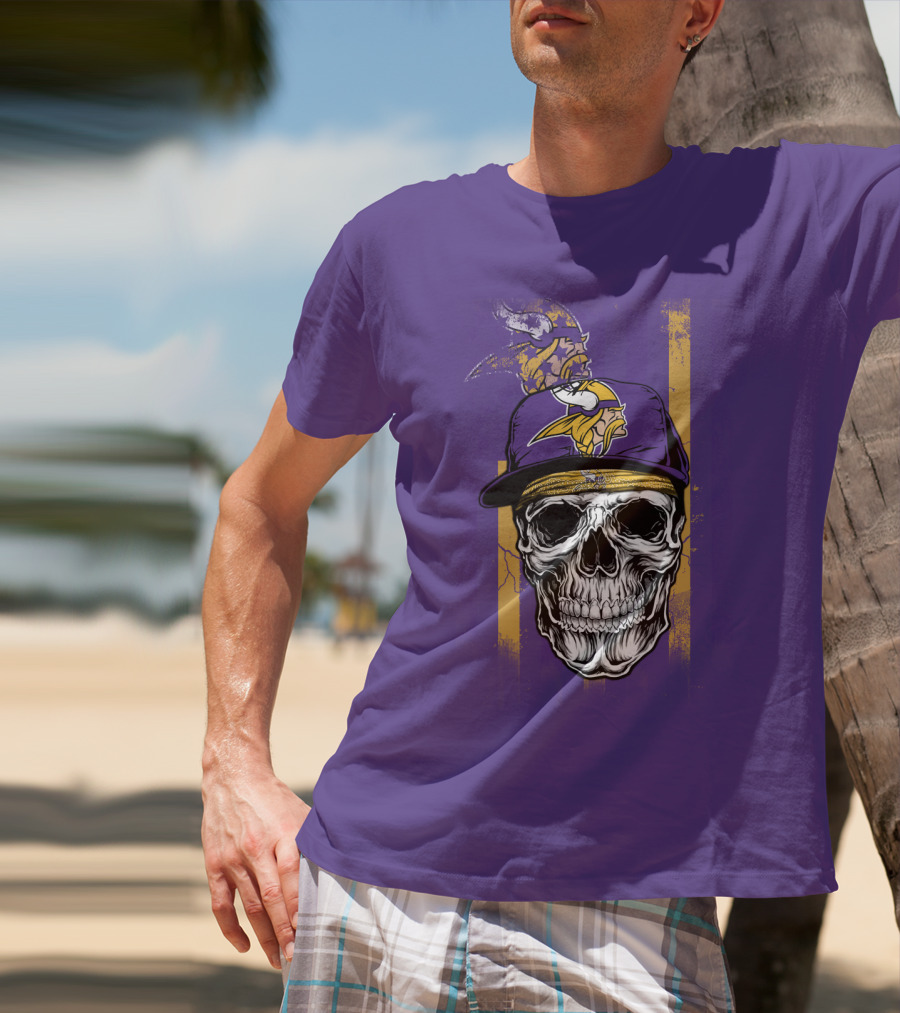 Minnesota Vikings Skull With Cap And Logo On Purple T-Shirt