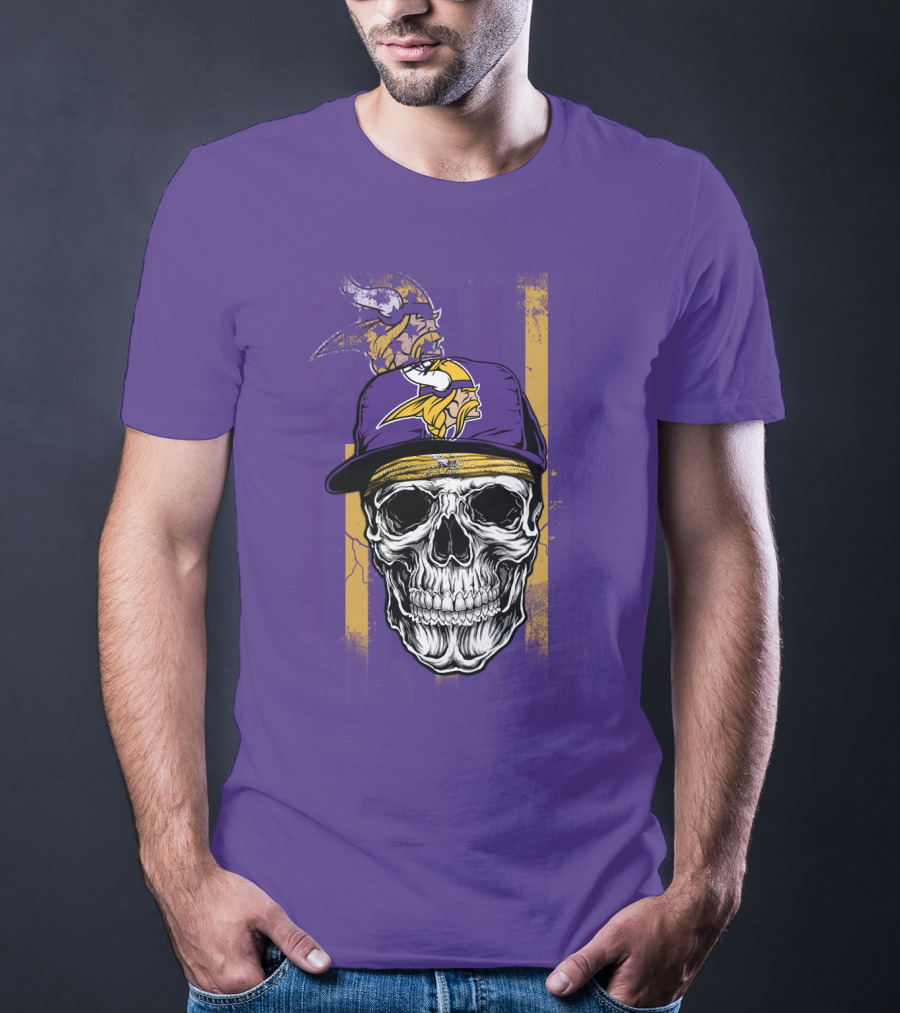 Minnesota Vikings Skull With Cap And Logo On Purple T-Shirt