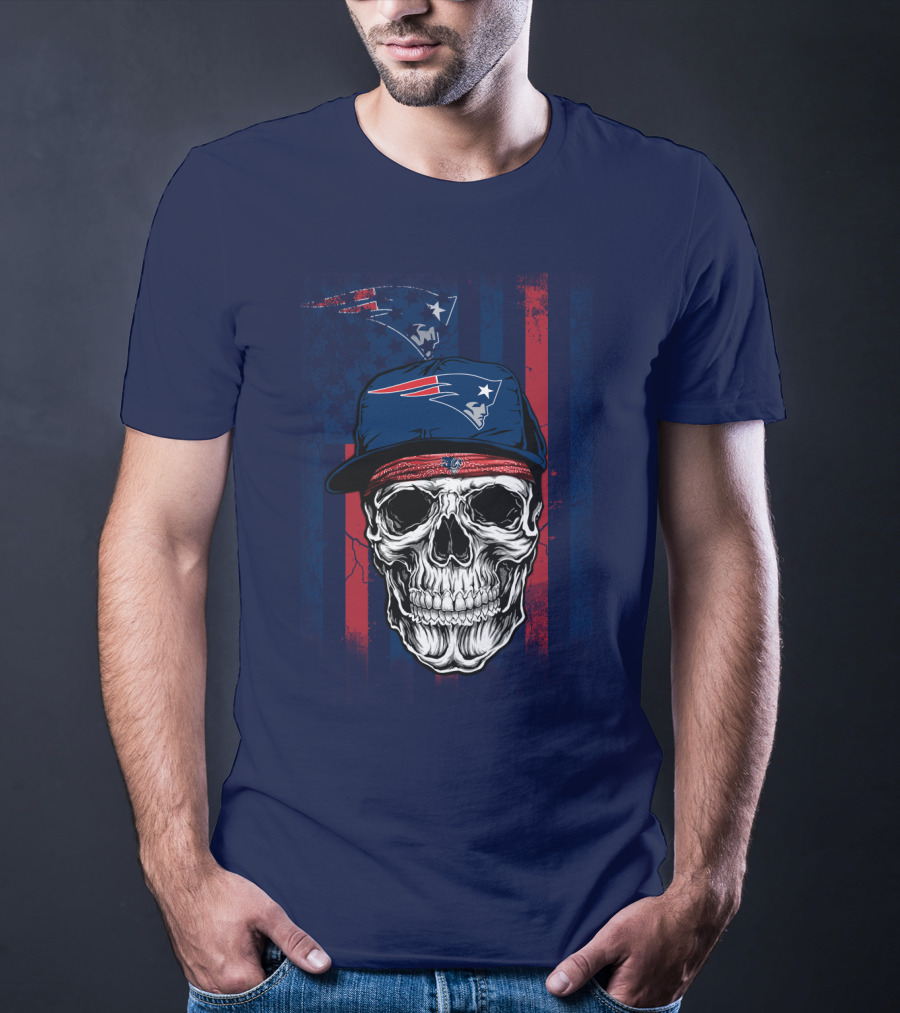 New England Patriots Skull With Cap And Red Blue Stripes T-Shirt