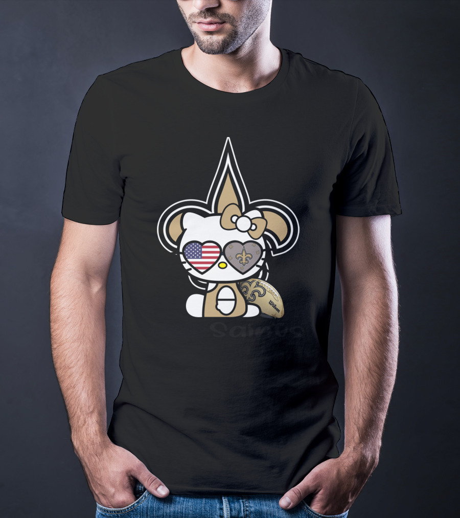 Hello Saints New Orleans Football Fleur-De-Lis Kitty Usa Heart T-Shirt
