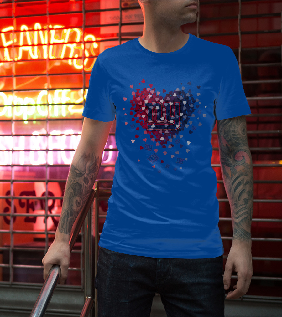 New York Giants Ny Heart Logo With Red And Blue Hearts On Blue T-Shirt