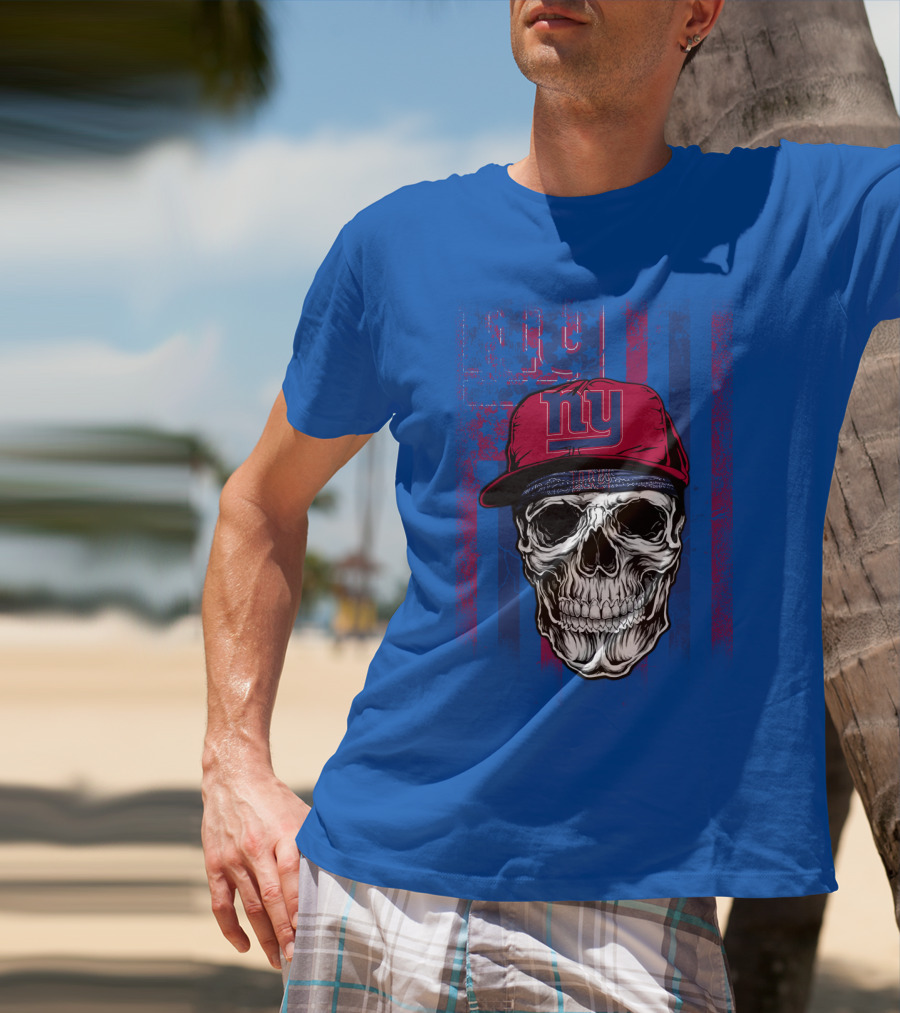 Ny Giants Skull With Red Cap On Blue T-Shirt