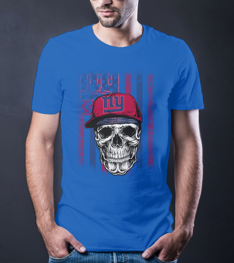 Ny Giants Skull With Red Cap On Blue T-Shirt