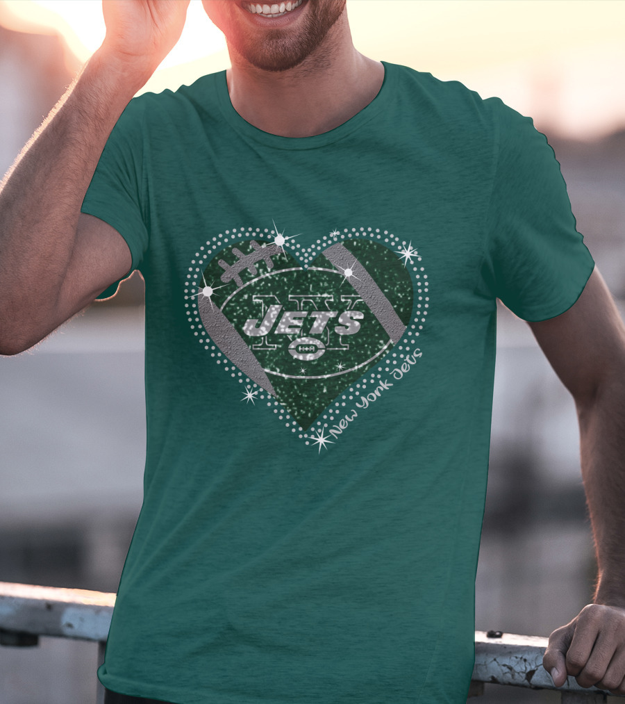 New York Jets Heart Football Sparkle T-Shirt