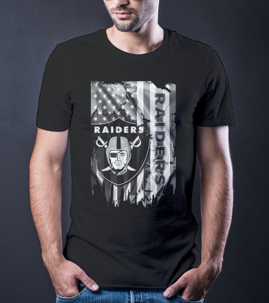 Raiders Nfl Logo With Black And White American Flag T-Shirt